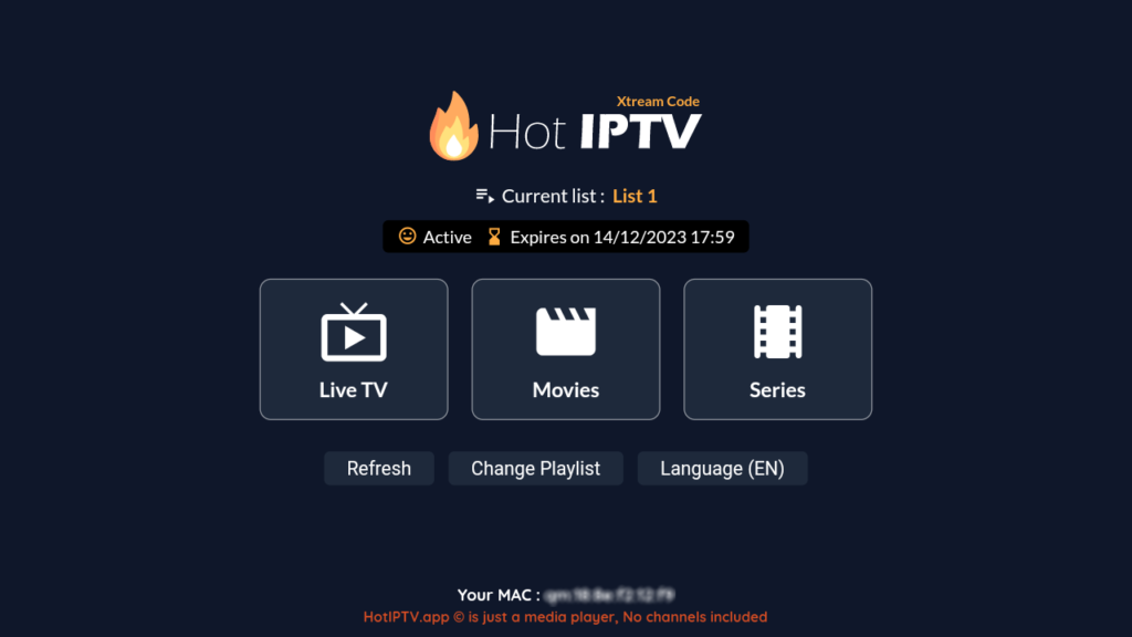 Hot IPTV app gränssnitt