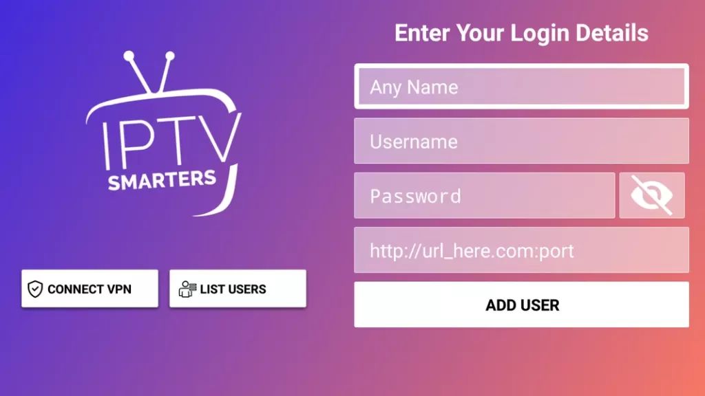 Ange inloggningsuppgifter på IPTV Smarters Pro
