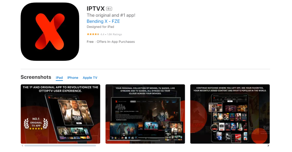 App Store-sida för IPTVX, beskriven som den ursprungliga och mest populära IPTV-appen för iPad.
