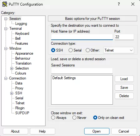 PuTTY konfigurationsfönster som visar grundläggande anslutningsalternativ.