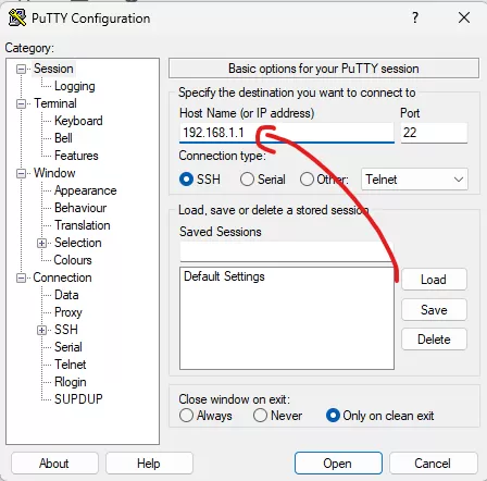 PuTTY konfigurationsfönster där IP-adressen 192.168.1.1 är inmatad i fältet för värdnamn.